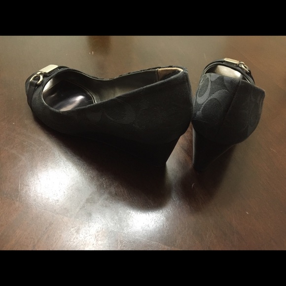 Black Coach peep toe wedges with silver hardware - Picture 2 of 4